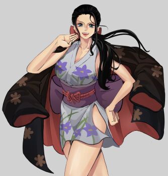 1girl 2022 arabic_commentary black_hair blue_eyes bow collarbone cowboy_shot eyelashes floral_print floral_print_kimono hair_bow haori_on_shoulders highres japanese_clothes kimono looking_at_viewer nico_robin nico_robin_(onigashima) obi official_alternate_costume one_piece open_mouth ponytail print_kimono purple_sash red_bow sash short_kimono side_ponytail side_slit sidelocks simple_background sleeveless sleeveless_kimono smile solo soulsev7 white_kimono