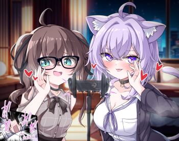 Rule 34 | 1boy, 2girls, absurdres, ahoge, animal ear fluff, animal ears, asmr, black-framed eyewear, black choker, black collar, black skirt, blue eyes, blush, breasts, brown hair, cat ears, cat girl, cat tail, choker, closed mouth, collar, collared shirt, grey shirt, heart, highres, hololive, large breasts, looking at viewer, mochizuki hull, multiple girls, natsuiro matsuri, natsuiro matsuri (casual), neck ribbon, nekomata okayu, nekomata okayu (oversized shirt), official alternate costume, open mouth, purple eyes, purple hair, purple ribbon, ribbon, shirt, skirt, small breasts, smile, tail, tongue, tongue out, virtual youtuber, white shirt