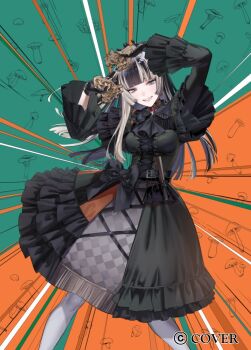 1girl :d arms_up ascot black_ascot black_choker black_dress black_gloves black_hair blue_eyes blunt_bangs bone breasts brooch choker commentary_request contrapposto copyright_name cowboy_shot cross-laced_clothes cross-laced_dress diveinmypoolz dress frilled_dress frills gloves gothic_lolita green_dress grey_hair grin hands_up hime_cut holding holding_bone hololive hololive_dev_is jewelry juufuutei_raden juufuutei_raden_(1st_costume) lace lace_choker lolita_fashion long_hair long_sleeves looking_at_viewer medium_breasts multicolored_hair official_art open_mouth pantyhose sidelocks smile solo straight_hair streaked_hair two-tone_hair virtual_youtuber white_pantyhose