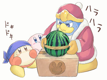 Rule 34 | :o, bandana, bandana waddle dee, blue bandana, blue eyes, blush, blush stickers, box, brown eyes, cardboard box, closed mouth, commentary request, food, fruit, gloves, hat, jacket, king dedede, kirby, kirby (series), long sleeves, nintendo, no humans, open clothes, open jacket, orange gloves, red hat, red jacket, rubber band, simple background, sweat, translation request, watermelon, white background, yopoyopo 5959