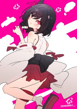 1girl absurdres artist_name back_bow black_bow black_hair bow commentary_request dango detached_sleeves feet_out_of_frame food from_behind headgear highres japanese_clothes kantai_collection kimono momimaki obi one-hour_drawing_challenge pleated_skirt red_eyes red_skirt sash short_hair skirt sleeveless sleeveless_kimono socks solo thigh_strap wagashi white_socks wide_sleeves yamashiro_(kancolle)