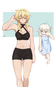 2girls alternate_costume artist_name bare_shoulders barefoot bike_shorts black_eyes black_shorts black_tank_top blonde_hair blue_background blue_dress breasts bright_pupils cleavage clenched_hand closed_eyes closed_mouth cowboy_shot criss-cross_halter crop_top dress drooling flying full_body genshin_impact grey_hair hair_between_eyes half-closed_eye halterneck hand_on_own_face hand_on_own_head hashtag-only_commentary highres looking_at_viewer lumine_(genshin_impact) medium_breasts multiple_girls navel one_eye_closed open_mouth paimon_(genshin_impact) short_hair short_shorts shorts sidelocks sleepy sleeveless sleeveless_dress standing tank_top two-tone_background white_background white_pupils zac-n