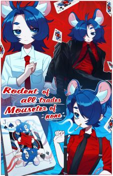 Rule 34 | 1girl, absurdres, animal ears, black necktie, blue eyes, blue hair, breast pocket, card, cigarette, closed mouth, collared shirt, commentary, english commentary, english text, hair over one eye, highres, long sleeves, mouse ears, mouse girl, necktie, original, parasoru buruu, parted lips, playing card, pocket, red necktie, red shirt, shirt, short hair, smoking, solo, suspenders, white shirt