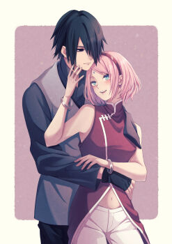 1boy 1girl :d absurdres black_eyes black_gloves black_hair black_shirt blush boruto:_naruto_next_generations closed_mouth couple facial_mark fingerless_gloves forehead_mark gloves green_eyes hair_over_one_eye hairband haruno_sakura hetero highres hug hug_from_behind long_sleeves looking_at_another mochiii-s naruto_(series) navel open_mouth pants pink_hair red_hairband shirt short_hair sleeveless sleeveless_shirt smile teeth uchiha_sasuke upper_teeth_only white_pants