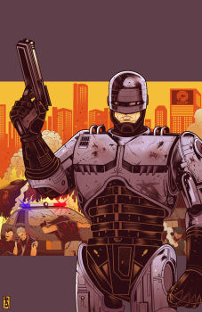 Rule 34 | 1980s (style), 5boys, assault visor, auto-9, battle damage, black hair, black jacket, blood, blood on clothes, blood on vehicle, bullet hole, car, chain, cityscape, closed mouth, corpse, cowboy shot, cyborg, death, denim, finger on trigger, fire, grey armor, grey hair, gun, hand up, handgun, helmet, highres, holding, holding gun, holding weapon, jacket, jeans, letterboxed, looking at viewer, male focus, mohawk, motor vehicle, multiple boys, ocp, oldschool, pants, pistol, police, police car, ram (ram80), retro artstyle, robocop, robocop (character), science fiction, short hair, signature, sleeveless, sleeveless jacket, smoke, solo focus, submachine gun, tattoo, weapon