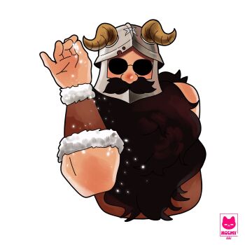 1boy beard cropped_torso dungeon_meshi dwarf facial_hair fake_horns helmet highres horned_helmet horns long_beard looking_at_viewer male_focus meme mustache noemykiki salt salt_bae_(meme) senshi_(dungeon_meshi) solo sprinkling sunglasses thick_mustache very_long_beard white_background