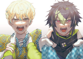 Rule 34 | 2boys, absurdres, ahoge, angry, black hair, blonde hair, blue hair, blue shirt, bruise, checkered clothes, checkered shirt, clothes grab, commentary request, ebippoid, gloves, grabbing another's shirt, gradient background, green hair, grey background, hibachi mana, hibachi mana (1st costume), highres, inami rai, inami rai (1st costume), injury, male focus, multicolored hair, multiple boys, nijisanji, open mouth, pink eyes, pov, pov hands, racing suit, shirt, short hair, shouting, streaked hair, tearing up, teeth, tongue, virtual youtuber, white background, white gloves, white shirt, yellow eyes, yellow shirt