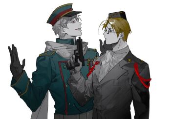 2boys ahoge aiguillette aiming america_(hetalia) ascot axis_powers_hetalia belt black-framed_eyewear black_gloves black_hat black_jacket blonde_hair blue_eyes breast_pocket buttons closed_mouth collared_jacket empty_eyes glasses gloves green_hat green_jacket grey_belt grey_gloves grey_hair gun hair_between_eyes hand_up handgun hands_up hat holding holding_gun holding_weapon jacket lapels lirensheng long_sleeves looking_at_another male_focus medal military military_hat military_jacket military_uniform multiple_boys open_mouth peaked_cap pocket puffy_long_sleeves puffy_sleeves red_eyes russia_(hetalia) scarf semi-rimless_eyewear shirt short_hair simple_background smile soviet_army star_(symbol) star_ornament star_print upper_body weapon white_ascot white_background white_scarf white_shirt