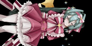 1girl aqua_hair arms_behind_back back_bow black_background bow bowtie buttons closed_mouth dress earrings feet_out_of_frame frilled_dress frills gold_earrings hair_between_eyes hair_bow hair_intakes hatsune_miku highres hiro_016016 holding holding_staff ima_sugu_rinne_(vocaloid) jewelry long_hair long_sleeves looking_to_the_side magical_girl pantyhose pink_bow pink_bowtie pink_dress pink_eyes puffy_long_sleeves puffy_sleeves sideways smile solo sparkle staff star-shaped_pupils star_(symbol) striped_bow symbol-shaped_pupils twintails very_long_hair vocaloid white_bow white_pantyhose