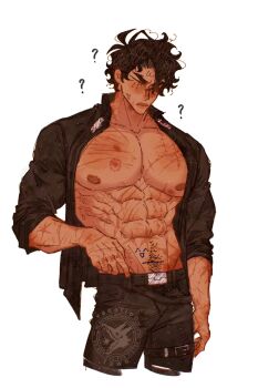 Rule 34 | 1boy, ?, abs, belt, bite mark on pectorals, black coat, black hair, coat, commentary, cowboy shot, highres, male focus, muscular, muscular male, omniscient reader's viewpoint, open clothes, open coat, pants, pubic hair, scar, scars all over, short hair, solo, symbol-only commentary, too many, vacation town, yoo joonghyuk
