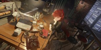 1girl absurdres antique_phone black_jacket black_pantyhose blazer blush book city closed_mouth coffee coffee_maker counter food from_above hair_ribbon highres indoors jacket kt_(kt19990301) long_hair long_sleeves looking_at_viewer miniskirt pantyhose persona persona_5 plaid_clothes plaid_skirt ponytail red_eyes red_hair red_ribbon red_shoes ribbon school_uniform shirt shoes shuujin_academy_school_uniform sitting skirt solo spotlight white_shirt yoshizawa_kasumi