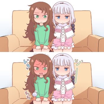 Rule 34 | 2girls, @ @, black bow, blue eyes, blush, bow, brown hair, capelet, comic, couch, dragon girl, dragon tail, dress, embarrassed, full-face blush, fur collar, green eyes, green shirt, hair bobbles, hair bow, hair ornament, hairband, kanna kamui, kobayashi-san chi no maidragon, long hair, long sleeves, low twintails, multiple girls, on couch, open mouth, orange skirt, orenjipiiru, pink dress, pink hair, saikawa riko, shirt, sitting, skirt, sweat, tail, tail around waist, trembling, twintails, white background, white capelet, yuri