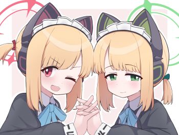 2girls :3 animal_ear_headphones animal_ears blonde_hair blue_archive blush bow cat_ear_headphones cat_ears commentary_request fake_animal_ears green_eyes hair_bow halo headphones highres holding_hands long_sleeves low_ponytail maid maid_headdress midori_(blue_archive) momoi_(blue_archive) multiple_girls neck_ribbon one_eye_closed open_mouth outline outside_border pink_eyes ponytail ribbon roshi_to siblings sisters smile twins