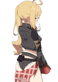 1girl absurdres ahoge ass black_jacket black_shorts blonde_hair blush closed_mouth denim denim_shorts from_behind hashtag-only_commentary highres jacket long_hair long_sleeves looking_at_viewer luciana_de_montefio no_headwear red_eyes shorts side_ponytail simple_background w.k white_background zenless_zone_zero