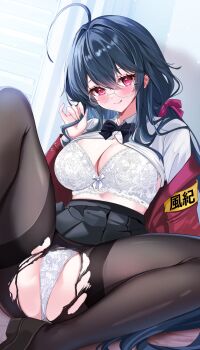 1girl ahoge armband azur_lane black_bow black_bowtie black_skirt blush bow bowtie bra breasts button_gap cleavage clothes_lift desk highres huge_ahoge jacket katsushika_pachi large_breasts long_hair looking_at_viewer official_alternate_costume on_desk panties pantyhose red_eyes red_jacket round_eyewear shirt shirt_lift shirt_tucked_in sitting skirt smile solo spread_legs taihou_(azur_lane) taihou_(sweet_time_after_school)_(azur_lane) thighband_pantyhose torn_clothes torn_pantyhose underwear white_bra white_panties white_shirt window_blinds yellow_armband