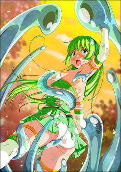 1girl absurdres abuse arched_back armpits ass beaten blush bound bound_arms bound_legs bound_torso bound_wrists breasts bruise bruise_on_arm bruise_on_face bruise_on_leg butt_crack clover_leaf cowboy_shot dress from_behind full-face_blush gloves green_dress green_eyes green_hair green_hairband green_skirt groping hairband hasumi_ren_(clover_rose) highres imminent_penetration imminent_rape immobilization injury koeda0111 long_hair looking_at_viewer looking_back magical_girl medium_breasts miniskirt molestation multicolored_clothes open_mouth original panties pantyshot peril pleated_skirt restrained ryona scared scratches separated_legs short_dress skirt sleeveless sleeveless_dress slime_(substance) spread_legs standing standing_restraints strapless strapless_dress sweat tentacles thighhighs thighs torn torn_clothes torn_dress torn_gloves torn_thighhighs tube_dress twisted twisted_torso underwear violence wispy_bangs yotsuba_no_senki_clover_rose zettai_ryouiki