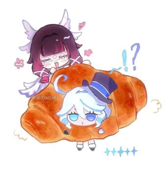!? 2girls 303owo303 ahoge black_hair blue_eyes blue_hair blush bread chibi chibi_only closed_eyes columbina_(genshin_impact) dress eye_mask floating food furina_(genshin_impact) genshin_impact hair_ornament hat head_wings heterochromia holding_bread long_hair mask multicolored_hair multiple_girls multiple_wings open_mouth purple_hair purple_streaks smile star_(symbol) streaked_hair twitter_username two-tone_hair white_dress white_hair white_wings wing_hair_ornament wings