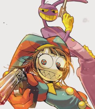 1boy 1girl blue_eyes brown_hair colored_skin commentary english_commentary furry furry_male gloves grin gun hat highres holding holding_gun holding_weapon jax_(the_amazing_digital_circus) jester jester_cap multicolored_eyes pomni_(the_amazing_digital_circus) puffy_sleeves pznogrosqe22114 rabbit_boy red_eyes red_gloves short_hair short_sleeves simple_background smile striped_clothes striped_headwear the_amazing_digital_circus two-tone_eyes vertical-striped_clothes vertical-striped_headwear weapon white_background white_skin