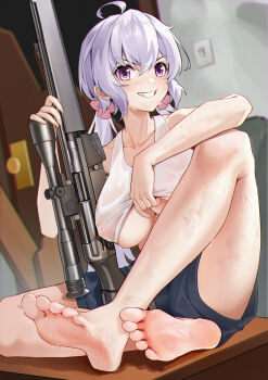 1girl absurdres ahoge bare_legs barefoot blue_shorts blush breasts cleavage clothes_lift eyebrows_hidden_by_hair feet gun h&amp;k_psg1 hair_ornament hair_scrunchie highres holding holding_gun holding_weapon knee_up large_breasts legs long_hair looking_at_viewer lord-erica open_mouth purple_eyes rifle scope scrunchie senki_zesshou_symphogear shirt shirt_lift shorts sitting smile sniper_rifle soles solo sweat sweaty_clothes teeth toenails toes twintails underboob very_long_hair very_sweaty weapon white_hair white_shirt yukine_chris