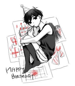 1boy absurdres antenna_hair bare_arms bare_shoulders commentary double-parted_bangs drawing_(object) empty_eyes full_body greyscale hair_behind_ear hair_between_eyes hand_up happy_birthday hat high_contrast highres hugging_own_legs jitome kneehighs knees_up looking_at_viewer lying male_focus monochrome mouth_hold no_pupils no_shoes omori omori_(omori) on_side paper party_hat pom_pom_(clothes) shadow short_hair shorts simple_background socks solo spot_color striped_clothes striped_hat striped_shorts sukinakoto1ppai tank_top vertical-striped_clothes vertical-striped_shorts very_short_hair white_background