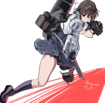 1girl adapted_turret asymmetrical_bodysuit black_bodysuit blue_sailor_collar blush bodysuit brown_hair cannon dated elbow_gloves furutaka_(kancolle) furutaka_kai_ni_(kancolle) gegesan gloves glowing glowing_eye hair_ornament hairclip highres kantai_collection kerchief kneehighs neckerchief pleated_skirt red_neckerchief rigging sailor_collar school_uniform serafuku ship_turret short_hair signature single_elbow_glove single_kneehigh single_sock single_thighhigh skirt smokestack socks solo thighhighs yellow_eyes