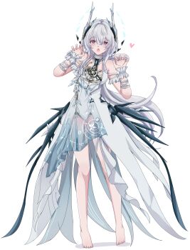 Rule 34 | 1girl, absurdres, barefoot, breasts, claw pose, dress, full body, hair between eyes, highres, liv: limpidity (pgr), liv (pgr), long hair, looking at viewer, medium breasts, meteorgale, open mouth, punishing: gray raven, see-through clothes, simple background, solo, very long hair, white background, white dress, white hair, wrist cuffs