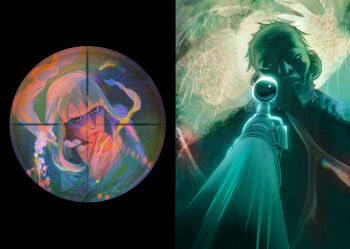 Rule 34 | 1boy, 1girl, backlighting, beard, black eyes, blonde hair, blunt bangs, commentary, disco elysium, facial hair, food, fruit, gun, highres, holding, holding food, holding fruit, klaasje amandou, looking at viewer, looking through scope, partially shaded face, pov, red pupils, rifle, scope, smoke, smoke trail, sniper rifle, the deserter (disco elysium), untranslatable commentary, weapon, xaxaga