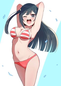 Rule 34 | 1girl, absurdres, armpits, arms up, bikini, black hair, breasts, cleavage, collarbone, commentary, cowboy shot, grey eyes, hair ornament, highres, ice compass0610, long hair, looking at viewer, love live!, love live! nijigasaki high school idol club, medium breasts, navel, one side up, red bikini, solo, standing, stomach, striped bikini, striped clothes, swimsuit, teeth, triangle hair ornament, upper teeth only, white background, yuki setsuna