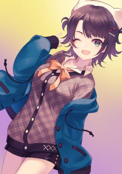 1girl ;d animal_ears animal_hat beret black_skirt blue_jacket bow breasts brown_hair brown_shirt collared_shirt commentary_request drawstring dress_shirt dutch_angle fake_animal_ears gradient_background green_eyes hair_ornament hairclip hat highres hololive hood hood_down hooded_jacket jacket long_sleeves looking_at_viewer medium_breasts off_shoulder one_eye_closed oozora_subaru open_clothes open_jacket open_mouth orange_bow pink_background puffy_long_sleeves puffy_sleeves rin2008 shirt skirt sleeves_past_wrists smile solo virtual_youtuber white_hat white_shirt x_hair_ornament yellow_background