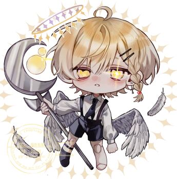 1boy aegyo_sal ahoge black_necktie blonde_hair braid chibi chibi_only clenched_hand collared_shirt commentary_request crescent double-parted_bangs empty_eyes facing_viewer falling_feathers feathers full_body halo highres holding holding_staff hosikage4040 joints long_sleeves looking_at_viewer male_focus necktie original parted_lips robot_joints shirt shoes short_hair shorts single_shoe solo staff suspender_shorts suspenders white_shirt yellow_eyes