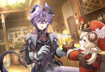 2girls 3boys alcohol barrel blonde_hair bottle brown_gloves child cleaning cleaning_rag closed_eyes closed_mouth commentary_request counter cup dawn_winery diluc_(genshin_impact) door dragon_boy dragon_horns dragon_tail durin_(genshin_impact) food fruit genshin_impact glasses gloves hat headgear highres holding holding_cup hood hood_down horns klee_(genshin_impact) lemon lemon_slice long_sleeves looking_at_another multiple_boys multiple_girls okkobc open_mouth paimon_(genshin_impact) pointy_ears purple_hair red_hair red_hat short_twintails soda tail twintails venti_(genshin_impact) watermark white_gloves white_hair wine