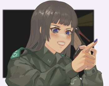 1girl 5th_republic_(2005_korean_drama) angry black_hair black_shoes blue_eyes blue_nails blunt_bangs blunt_ends blush clenched_teeth fingernails genderswap genderswap_(mtf) green_jacket heart heart-shaped_pupils high_heels highres hime_cut holding holding_shoes holding_unworn_clothes jacket jang_tae-wan lipgloss long_fingernails long_hair meme military_uniform mole mole_under_eye nail_polish parody pointing pumps republic_of_korea_army shoes shoulder_boards sidelocks symbol-shaped_pupils teeth unworn_shoes you're_doing_it_wrong yukiale