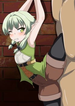 Rule 34 | 1boy, 1girl, absurdres, annoyed, armpits, arms up, black pantyhose, blush, brown shorts, chest plate, clenched teeth, elf, embarrassed, feet out of frame, flat chest, from side, goblin slayer!, green eyes, green shirt, grey hair, hetero, high elf archer (goblin slayer!), highres, imminent rape, long pointy ears, looking at another, looking back, matching hair/eyes, pantyhose, petite, pointy ears, restrained, shirt, short hair with long locks, shorts, sleeveless, sleeveless shirt, solo focus, standing, standing on one leg, teeth, yumina (artist)