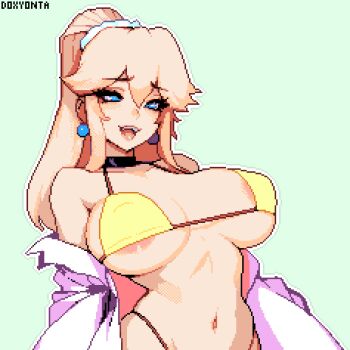 1girl alternate_breast_size_(larger) alternate_costume alternate_hairstyle artist_name bikini black_choker blonde_hair blue_eyes blush breasts breasts_apart choker commentary covered_erect_nipples doxy earrings english_commentary eyelashes green_background hair_between_eyes hair_ornament hair_scrunchie jewelry large_areolae large_breasts long_hair looking_at_viewer mario_(series) navel nintendo off_shoulder open_mouth pixel_art ponytail princess_peach scrunchie shadow sidelocks solo stomach super_mario_bros._1 swimsuit teeth tongue undersized_breast_cup upper_body upper_teeth_only yellow_bikini
