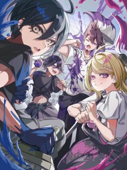 1girl 3boys absurdres ahoge akamatsu_kaede alternate_costume black_hair black_shirt blonde_hair blush broom brown_eyes clothes_around_waist commentary danganronpa_(series) danganronpa_v3:_killing_harmony eyelashes facial_hair flinch flipped_hair fortissimo goatee hair_between_eyes hair_ornament highres holding holding_broom holding_brush liquid long_hair looking_at_viewer looking_back medium_hair momota_kaito multiple_boys musical_note musical_note_hair_ornament nota_sayaka oma_kokichi one_eye_closed open_mouth paint paint_splatter purple_eyes purple_facial_hair purple_hair saihara_shuichi shirt short_hair smile spiked_hair splashing t-shirt throwing white_shirt