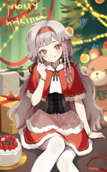 1girl :q absurdres alternate_costume bead_bracelet beads black_corset box bracelet cake capelet christmas christmas_lights christmas_ornaments christmas_tree commentary_request corset feet_out_of_frame food food_on_face fruit fur-trimmed_skirt fur_trim gift gift_box grey_hair hairband hand_up head_tilt highres jewelry long_hair looking_at_viewer low_twintails merry_christmas miniskirt on_ground pinky_out quad_braids red_capelet red_eyes red_hairband red_skirt reverse:1999 rubuska shirt sitting skirt solo strawberry strawberry_cake stuffed_animal stuffed_toy teddy_bear thighhighs tongue tongue_out twintails ura_(hamburg_oniku) very_long_hair white_shirt white_thighhighs