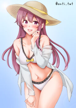 1girl alternate_costume anti_(untea9) bikini blue_background blush bow breasts collarbone commentary_request cowboy_shot gradient_background hair_bow hair_ribbon hat highres jacket kamikaze_(kancolle) kantai_collection long_hair looking_at_viewer medium_breasts open_mouth purple_eyes purple_hair ribbon smile solo sun_hat swimsuit twitter_username white_bikini white_jacket yellow_bow