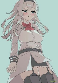 1girl :< ascot black_hairband black_skirt black_thighhighs blonde_hair braid commentary_request cowboy_shot garter_straps glorious_(kancolle) gloves grey_eyes grey_jacket hairband half_up_braid highres jacket kantai_collection long_hair one_side_up red_ascot skirt solo standing thighhighs white_gloves yama_(yam0a)