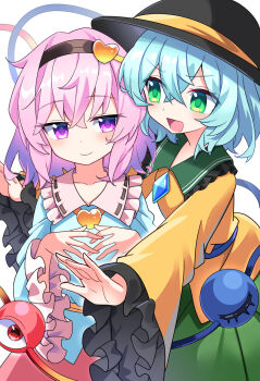 2girls :d black_hairband black_hat blue_shirt blush closed_mouth commentary_request commission contrast_collar cowboy_shot crossed_bangs e.o. frilled_shirt_collar frilled_sleeves frills green_eyes green_skirt hair_between_eyes hair_over_hairband hairband hat hat_ribbon heart highres komeiji_koishi komeiji_satori long_sleeves looking_at_another medium_hair multiple_girls open_mouth pink_hair purple_eyes ribbon ribbon-trimmed_collar ribbon_trim shirt siblings sisters skeb_commission skirt smile third_eye touhou white_background wide_sleeves yellow_ribbon yellow_shirt