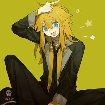 1boy :d anonymous1203 black_hat black_jacket black_necktie black_pants black_suit blue_eyes cosplay epic_battle_fantasy formal_clothes green_background hair_between_eyes hair_ornament happy hat highres index_finger_raised jacket lance_(epic_battle_fantasy) lance_(epic_battle_fantasy)_(cosplay) long_hair long_necktie male_focus matt_(epic_battle_fantasy) necktie open_mouth pants shirt simple_background sitting skull_hair_ornament smile solo star_(symbol) suit yellow_shirt