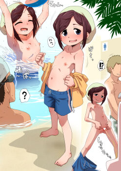 !? 1girl 2boys :d :q ? armpits arms_up asymmetrical_hair ball barefoot beach beachball black_hair blue_eyes blue_male_swimwear blue_one-piece_swimsuit blue_swim_trunks breasts brown_hair censored closed_eyes collarbone crossdressing dot_nose drawstring exhibitionism faceless faceless_male flat_chest from_side full_body goggles green_headwear green_male_swimwear green_swim_trunks headwear_request heart heart_censor highres hood hoodie leaf_print loli looking_at_viewer looking_to_the_side lower_teeth_only male_swimwear male_swimwear_around_leg male_swimwear_challenge motion_lines multiple_boys multiple_views navel nipples one-piece_swimsuit open_clothes open_hoodie open_mouth orange_hoodie original outdoors partially_submerged pee peeing peeing_together pool print_male_swimwear print_swim_trunks print_swimsuit public_indecency pussy shadow single_vertical_stripe small_breasts smile speech_bubble splashing spoken_question_mark spread_pussy standing striped_clothes striped_one-piece_swimsuit swim_cap swim_goggles swim_trunks swim_trunks_around_leg swimsuit swimsuit_around_one_leg teeth toes toilet_use tongue tongue_out topless_female uchuu_ika unzipped upper_body urinal urinal_use vertical-striped_clothes vertical-striped_one-piece_swimsuit wading watching water wet white_headwear zipper zipper_pull_tab