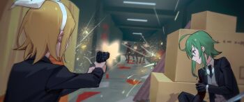 2girls 3boys ahoge aiming black_gloves black_jacket black_necktie black_pants blood blood_on_arm bow box brown_hair cardboard_box collared_shirt commentary_request corrugated_galvanized_iron_sheet firing gloves green_eyes green_hair grey_vest gumi gun hair_bow hairband handgun highres holding holding_gun holding_sword holding_weapon injury jacket kagamine_rin katana long_sleeves looking_at_viewer medium_hair multiple_boys multiple_girls multiple_others necktie open_clothes open_jacket pants shirt short_hair sidelocks sparks sweat sword vest vocaloid weapon white_bow white_hairband white_shirt wounds404