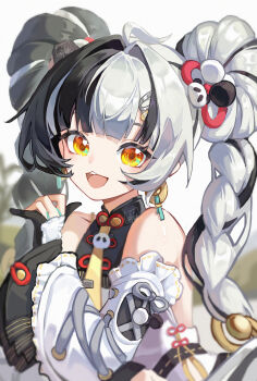 1girl :3 absurdres bare_shoulders black_gloves black_hair blurry blurry_background chinese_commentary coin_earrings commentary_request detached_sleeves dialyn_(zenless_zone_zero) gloves hair_ornament highres long_sleeves looking_at_viewer multicolored_hair open_mouth partially_fingerless_gloves solo split-color_hair teeth twintails upper_body upper_teeth_only white_hair xishuu_(user_dvah3828) yellow_eyes zenless_zone_zero