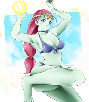 1girl absurdres alien armpits ball barefoot beachball bikini blue_eyes breasts caway colored_skin dragon_ball dragon_ball_super flatpancakesjim green_skin highres jewelry long_hair medium_breasts nail_polish pink_hair revealing_clothes simple_background sitting summer swimsuit tournament_of_power
