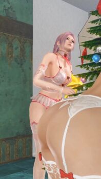 2girls 3d animated ass ass_focus ass_shake blonde_hair blue_eyes bouncing_breasts breasts brown_eyes brown_hair christmas christmas_tree close-up crop_top dead_or_alive dead_or_alive_xtreme dead_or_alive_xtreme_venus_vacation elise_(doa) heart highres jumping kasumi_(doa) large_breasts lingerie long_hair multiple_girls ribbon star_(symbol) tagme thong underboob underwear video