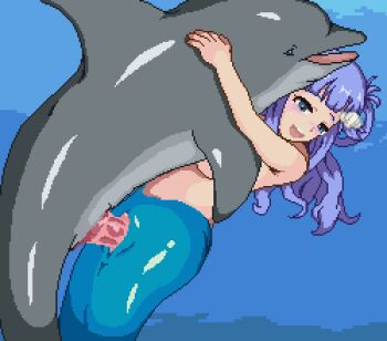 1girl animal_penis animated animated_gif asari_nanami bestiality blue_eyes breasts clitoris dolphin fins fish_tail gomadare_(310329) hair_ornament heart idolmaster idolmaster_cinderella_girls interspecies long_hair looping_animation mermaid monster_girl open_mouth penis pixel_art purple_hair pussy sex shell simple_background tail ugoira underwater underwater_sex vaginal