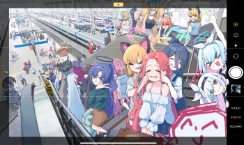 >_< 6+girls absurdres akane_(blue_archive) animal_ear_headphones animal_ears aqua_halo aris_(blue_archive) arona_(blue_archive) aru_(blue_archive) asuna_(blue_archive) black_hair blonde_hair blue_archive blue_hair cat_ear_headphones cat_ears character_request cheek_pinching collarbone commentary_request donggang17 doodle_sensei_(blue_archive) escalator fake_animal_ears forehead game_development_department_(blue_archive) green_halo grin hair_between_eyes halo headphones highres ibuki_(blue_archive) iroha_(blue_archive) karin_(blue_archive) kayoko_(blue_archive) korean_commentary koyuki_(blue_archive) long_hair long_hair_between_eyes looking_at_viewer low-tied_sidelocks midori_(blue_archive) momoi_(blue_archive) multiple_girls neru_(blue_archive) noa_(blue_archive) open_mouth orange_halo people pinching pink_hair pink_halo plana_(blue_archive) pleated_skirt power_symbol purple_eyes purple_hair rectangular_halo red_hair rio_(blue_archive) sensei_(blue_archive) shirt short_hair siblings sidelocks sisters skirt smile toki_(blue_archive) train twins v very_long_hair waving white_hair yuuka_(blue_archive) yuzu_(blue_archive)