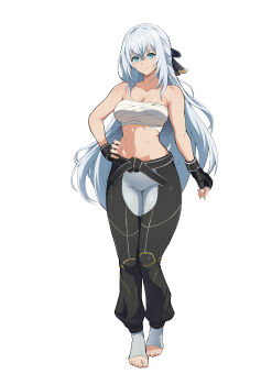 1girl abs absurdres alternate_costume black_gloves black_pants black_ribbon blue_eyes breasts chest_sarashi chinese_commentary cleavage closed_mouth clothing_cutout collarbone commentary_request crossed_bangs crotch_cutout eiyuu_densetsu fingerless_gloves full_body gloves hair_between_eyes hair_ribbon hand_on_own_hip highres kuro_no_kiseki_(series) long_hair looking_at_viewer medium_breasts navel no_shirt no_shoes pants pantyhose ribbon sarashi shizuna_rem_misurugi simple_background smile solo standing stomach toes toned toned_female white_background white_hair white_pantyhose xllam