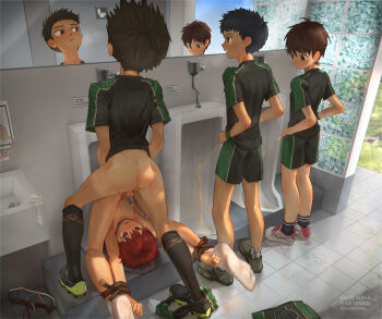 4boys anal ankle_socks anus artist_name ass bandaid bandaid_on_face bandaid_on_nose bdsm belt black_hair black_shirt black_socks blue_eyes blue_footwear blue_sky blush bondage bottomless bound bound_ankles bound_wrists brown_belt brown_eyes brown_hair butt_crack camouflage camouflage_socks character_request chastity_cage chromatic_aberration cleats clenched_hands closed_mouth condom cum drawstring embarrassed english_text from_behind green_footwear green_socks hands_on_own_hips highres kneehighs looking_at_another looking_at_penis looking_down looking_to_the_side male_focus male_penetrated mirror multicolored_footwear multicolored_shorts multiple_boys no_male_underwear nude open_mouth pee peeing peeing_together penis pixiv_username poster_(object) precum print_clothes print_socks public_bathroom red_hair reflection public_restroom sandsuna sex shirt shoes short_sleeves shorts shorts_around_leg shorts_around_one_leg shota sink sky small_penis sneakers soccer_uniform socks source_request sportswear striped_clothes striped_shorts striped_socks sweat tearing_up tears testicles tile_floor tiles top-down_bottom-up unworn_clothes unworn_footwear unworn_shorts urinal urinal_use used_condom vertical-striped_clothes vertical-striped_shorts wavy_mouth white_footwear white_socks wristband yaoi