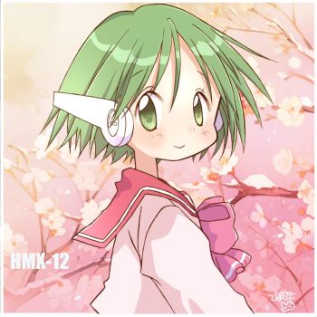 1girl android border bow branch character_name cherry_blossoms commentary_request green_eyes green_hair hiyopuko looking_at_viewer multi_(to_heart) pink_bow red_sailor_collar robot_ears sailor_collar school_uniform serafuku shirt short_hair solo to_heart to_heart_(series) turning_head upper_body white_border white_shirt
